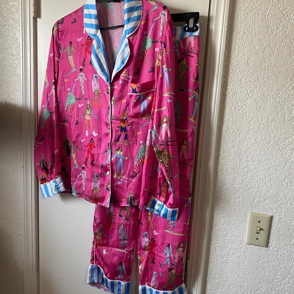 Karen Mabon Pink Apres Ski Illustrated Pajama Set XS Long Sleeve Pants Retro